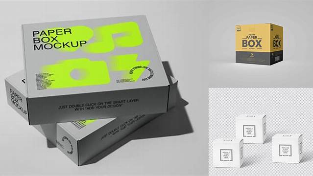 1000+ Paper Box PSD Mockup 3/4 Front View High-Angle Shot Editable Photoshop File