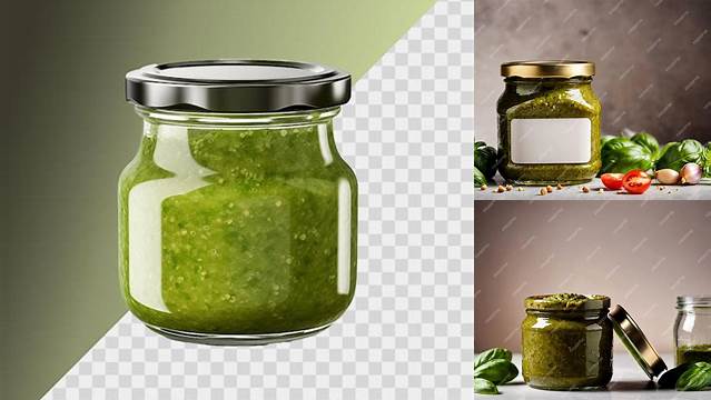 1007+ Glass Jar with Pesto Sauce PSD Mockup Halfside View Professional Editable Freebie PSD