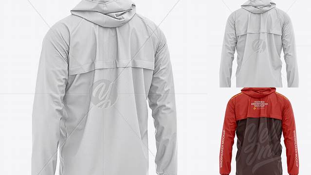 1028+ Men's Lightweight Hooded Windbreaker Jacket Back Half-Side View Editable Mockup PSD