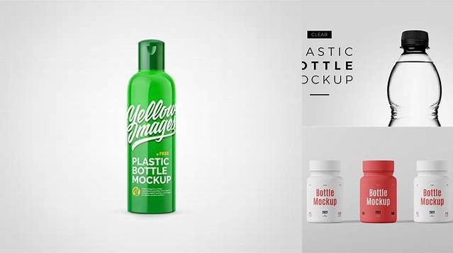 1033+ Glossy Plastic Bottle PSD Mockup High-Angle Shot Photoshop PSD Free for Designers