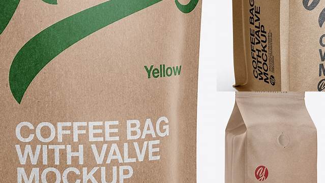 1042+ Kraft Coffee Bag with Valve PSD Mockup Half Side View High-Resolution Editable PSD