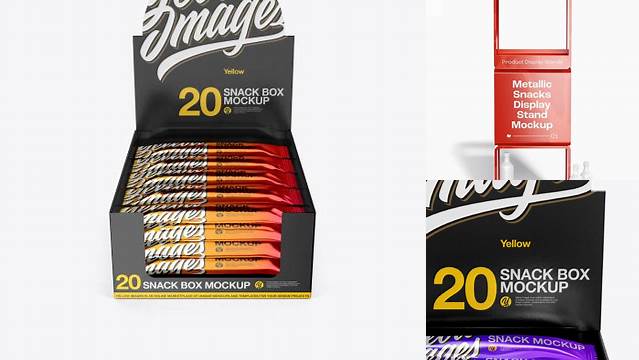 1053+ 20 Metallic Snack Bars Box PSD Mockup Front View Free Mockup PSD Template