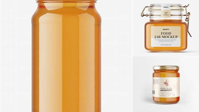 1056+ Glass Jar with Honey PSD Mockup Front View High Angle Shot Smart PNG Image