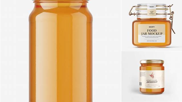 1056+ Glass Jar with Honey PSD Mockup Front View High Angle Shot Smart PNG Image