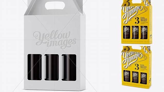 1065+ White Paper 3 Pack Amber Bottle Carrier PSD Mockup Halfside View Advanced Photoshop Design Free