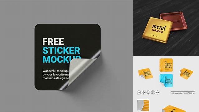 1072+ Metallic Square Sticker PSD Mockup Professional PSD Mockup