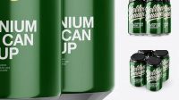 1073+ Pack with 4 Glossy Aluminium Cans with Plastic Holder PSD Mockup Half Side View High-End PSD Download