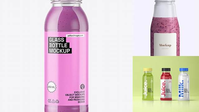 1111+ Glass Bottle with Blueberry Smoothie PSD Mockup Unique and Creative Free PSD File