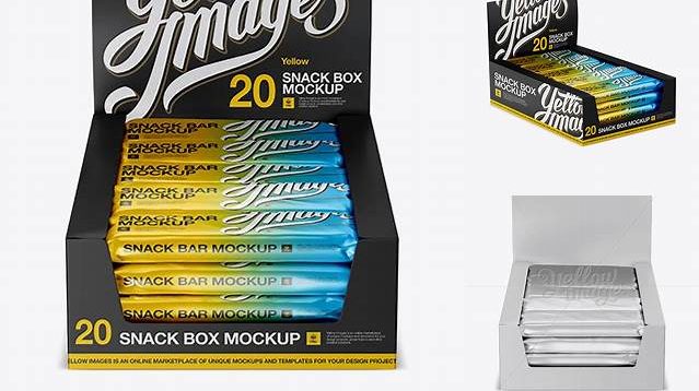 1119+ 20 Matte Metallic Snack Bars Display Box PSD Mockup Halfside View High-Angle Shot For Free Download