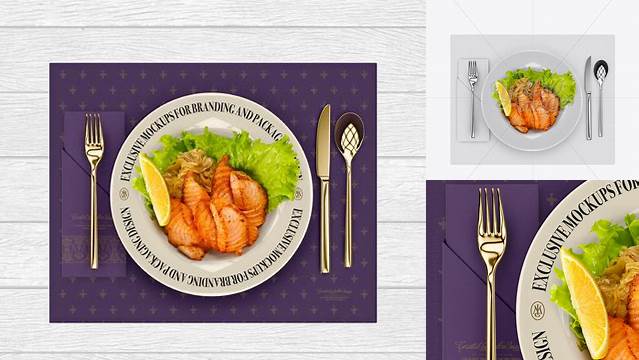 1126+ Plate with Fillet Of Red Fish and Cutlery PSD Mockup Top View Easy-to-Use PSD Template