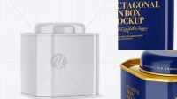 1161+ Glossy Octagonal Tin Box PSD Mockup Half Side View High-Angle Shot Smart Object PSD Free Resource