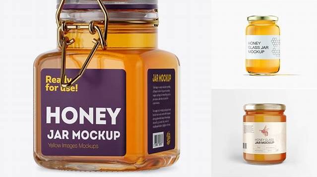 1201+ Glass Pure Honey Jar PSD Mockup Halfside View Modern Free PSD Template