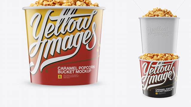 1213+ Large Glossy Caramel Popcorn Bucket PSD Mockup Front View Versatile PSD Mockup File