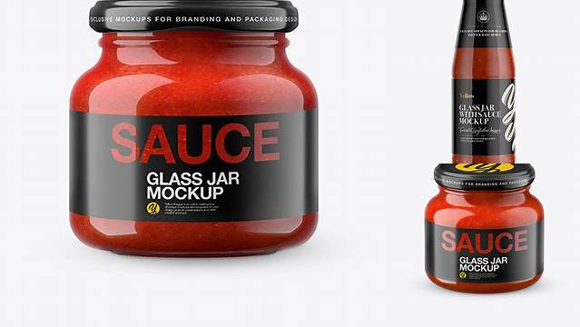 1215+ Glass Sauce Jar in Shrink Sleeve PSD Mockup Premium Design Freebie