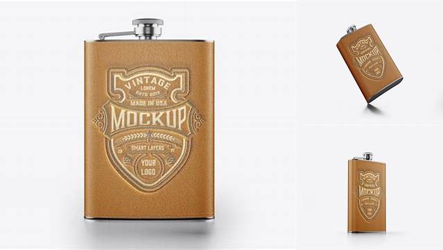 1221+ Steel Flask With Leather Wrap PSD Mockup Front View Elegant and Versatile PSD Resource