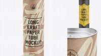 1234+ Extra Long Kraft Paper Tube with a Flat Lid and a Paper Label High-Angle View Versatile PSD Mockup File