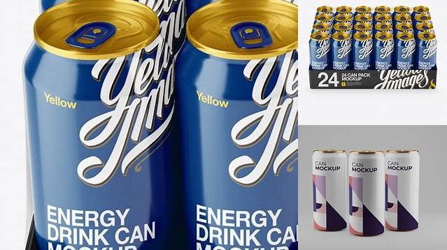 1262+ Transparent Pack with 24 Aluminium Cans PSD Mockup Front View High-Angle Shot Editable Graphic Free PSD