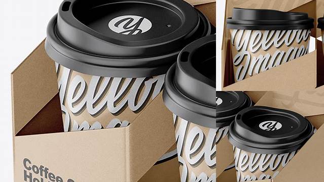 1267+ Kraft Coffee Cup Holder with Kraft Cups PSD Mockup Front View Advanced and Editable PSD Template Free