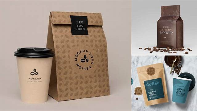 1293+ Glossy Bag with Kraft Coffee Cup PSD Mockup Half Side View Free PSD for Designers