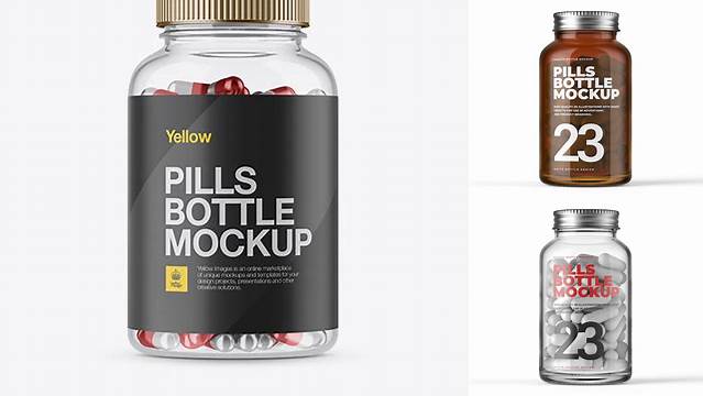 1298+ Clear Glass Bottle with Metallic Pills PSD Mockup Free Downloadable Graphic Resource