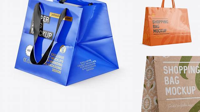 1322+ Glossy Paper Shopping Bag PSD Mockup Halfside View Eye-Level Shot High-Quality Editable PSD