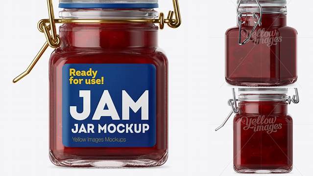 1327+ 100ml Glass Cherry Jam Jar with Clamp Lid PSD Mockup Halfside View Creative Design Mockup