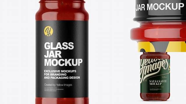 1333+ Glass Jar With Salsa Sauce PSD Mockup Eye-Level Shot Custom Design Freebie PSD