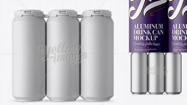 1340+ Pack with 6 Matte Aluminium Cans with Plastic Holder Front View Customizable PSD Templates