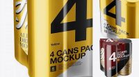 1353+ 4 Cans in Metallic Shrink Wrap PSD Mockup Half Side View Exclusive Free PSD Mockups