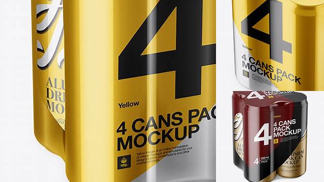 1353+ 4 Cans in Metallic Shrink Wrap PSD Mockup Half Side View Exclusive Free PSD Mockups