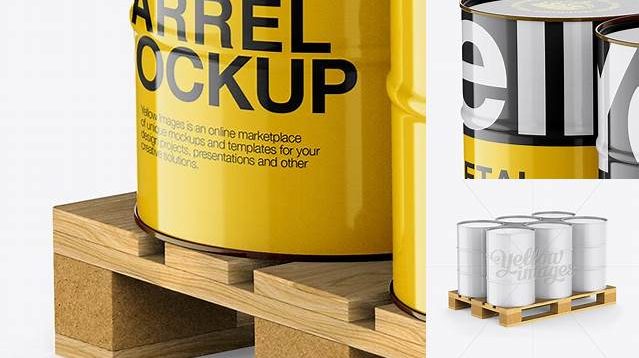 1360+ Wooden Pallet With 6 Metal Barrels PSD Mockup Half Side View Exclusive Digital PSD Resource