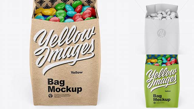 1369+ Matte Bag With Candies PSD Mockup Front View High-Angle Shot Editable Design PSD File