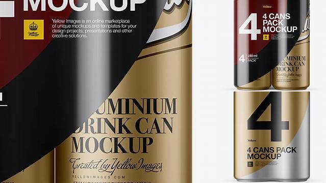 1380+ 4 Matte Metallic Cans in Shrink Wrap PSD Mockup Front View High-End Photoshop Mockup