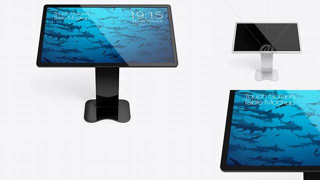 1385+ Glossy Touch Screen Display Table PSD Mockup Front View Elegant Photoshop Mockup