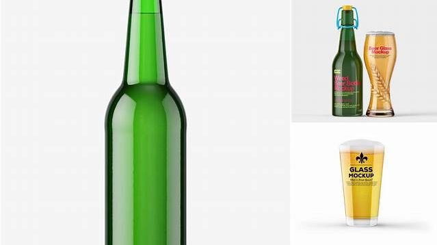 1394+ Glass Green Bottle with Lager Beer PSD Mockup Creative Free Photoshop Template