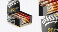 1397+ 20 Metallic Snack Bars Box PSD Mockup Half Side View High-Angle Shot Smart Editable Design Mockup