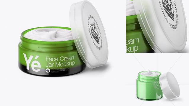 1401+ Opened Green Cream Jar With Transparent Cap PSD Mockup High-Angle Shot Free Smart Object Templates