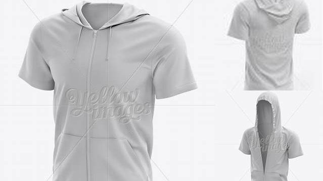 1444+ Short Sleeve Zip Hoodie PSD Mockup Back Halfside View Customizable Design Files