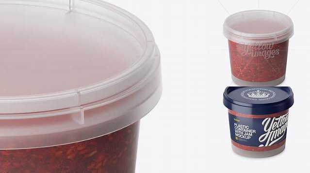 1469+ Frosted Plastic Container With Raspberry Jam PSD Mockup High-Angle Shot High-Resolution PSD Download