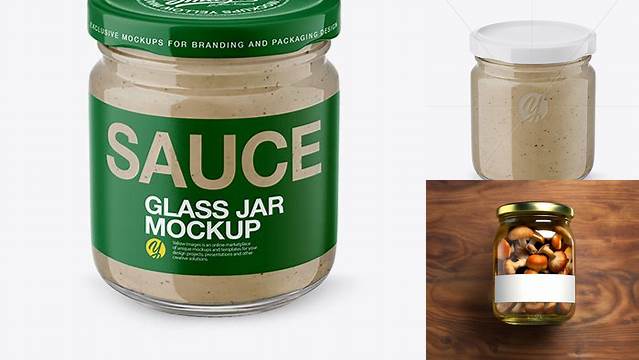 1471+ Glass Jar with Mushroom Sauce PSD Mockup Front View High Angle Shot Photoshop Resource Free