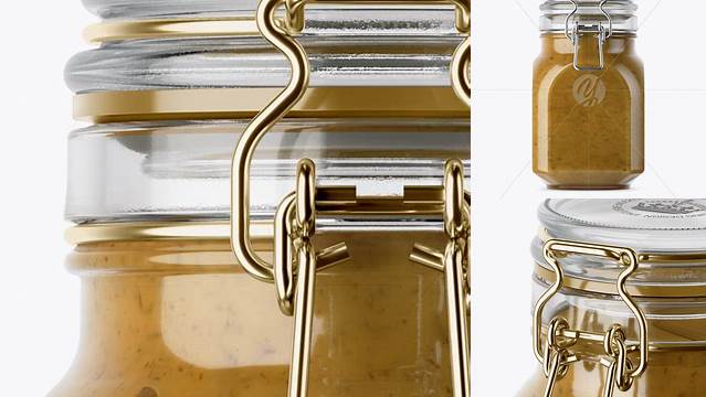 1477+ 900ml Mustard Sauce Glass Jar with Clamp Lid PSD Mockup Fully Layered Photoshop Freebie