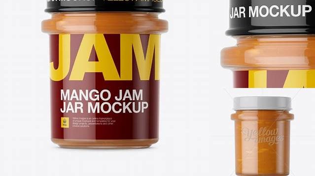 1490+ Glass Jar With Mango Jam PSD Mockup Eye-Level Shot Elegant Design Mockup PSD