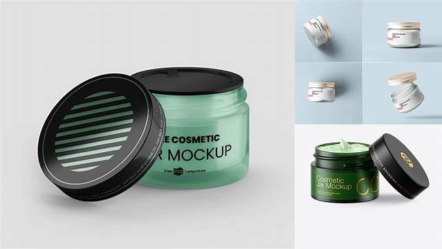 1503+ Dark Frosted Green Glass Cosmetic Jar PSD Mockup Advanced Photoshop Design Free