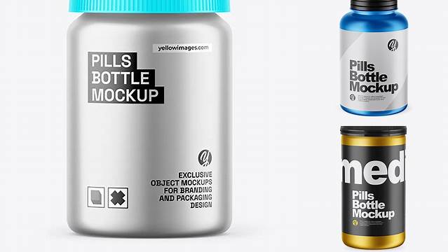 1513+ Matte Metallic Pills Bottle PSD Mockup High-Angle Shot Smart Layer PSD