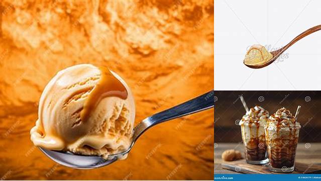 1516+ Wooden Spoon With Vanilla Ice Cream and Caramel Syrup High-End Creative PSD Template