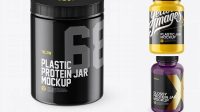 1530+ Glossy Plastic Protein Jar PSD Mockup Front View High-Angle Shot Free Downloadable PSD