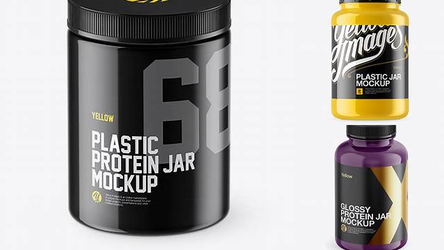 1530+ Glossy Plastic Protein Jar PSD Mockup Front View High-Angle Shot Free Downloadable PSD