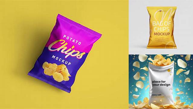 1542+ Frosted Plastic Bag With Potato Chips PSD Mockup High-Quality Design Free PSD