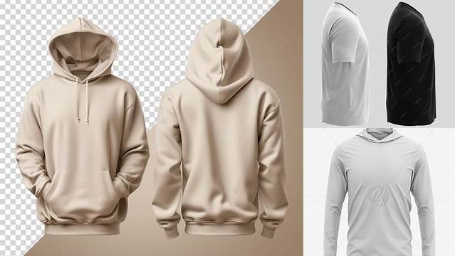 1559+ Men's Hooded T-shirt PSD Mockup Front Half-Side View Free PSD for Designers