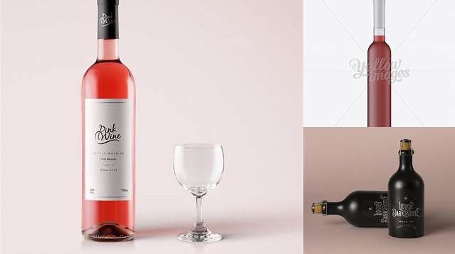 1570+ Frosted Glass Botttle with Pink Wine PSD Mockup Front View Photoshop PSD Free for Designers